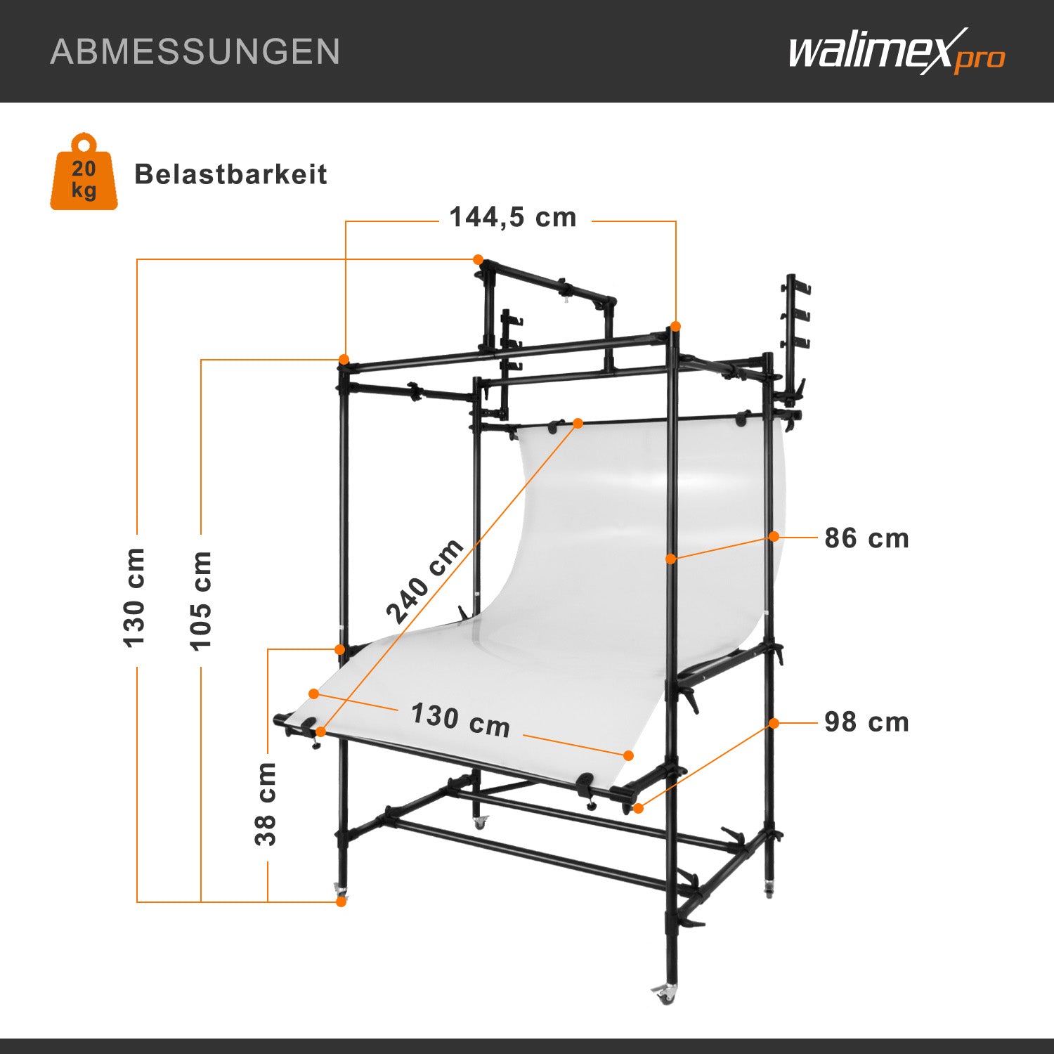 tavolo da ripresa mobile XXL - Tavolo da ripresa mobile professionale per scatti perfetti di prodotti fino a 20 kg - con altezza variabile, superficie di diffusione