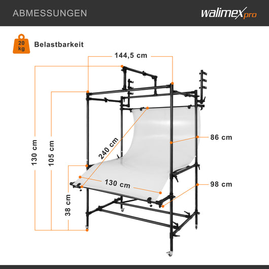 tavolo da ripresa mobile XXL - Tavolo da ripresa mobile professionale per scatti perfetti di prodotti fino a 20 kg - con altezza variabile, superficie di diffusione