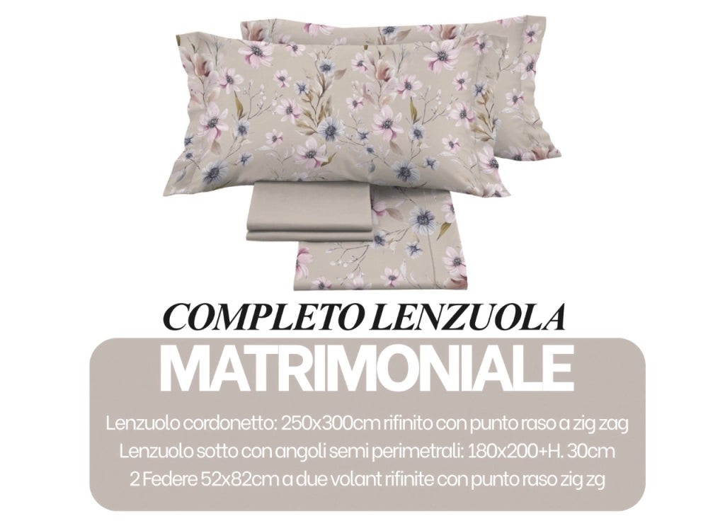 Completo Lenzuola Matrimoniale 100% Raso Cotone Floreale Dis. Artemisia