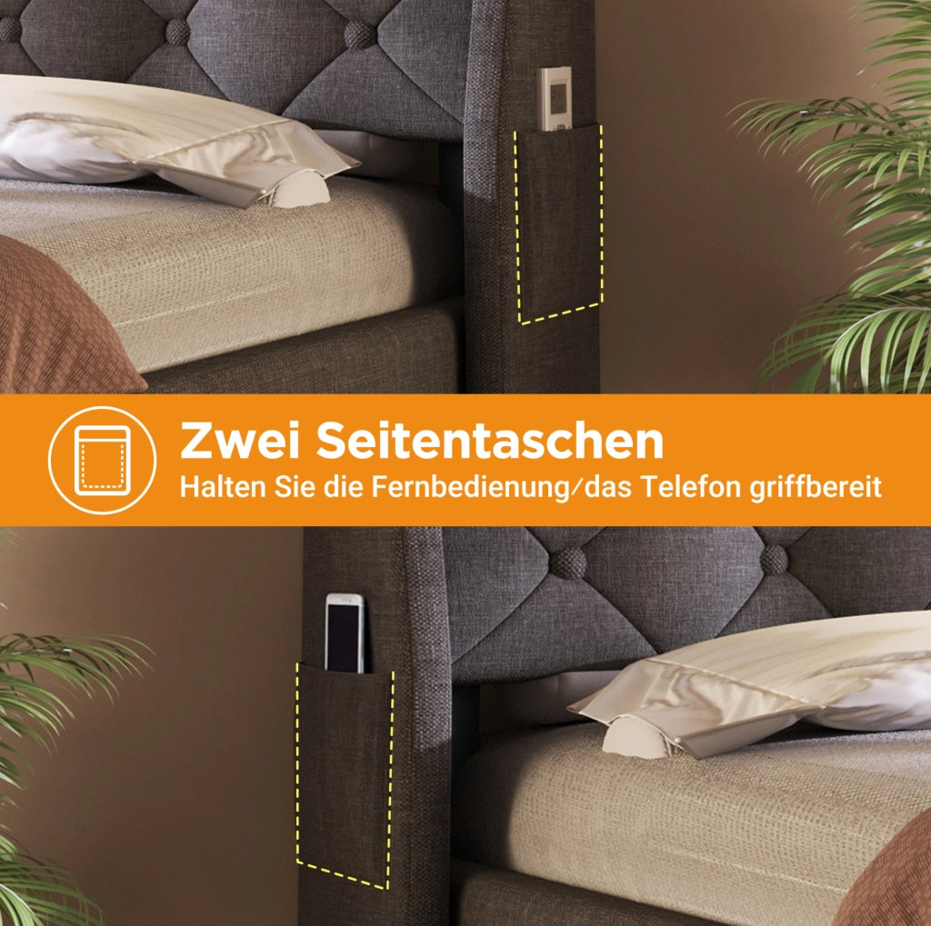 Letto matrimoniale 140x200 cm con contenitore idraulico; LED; USB e Type-C; in tessuto lino grigio con materasso