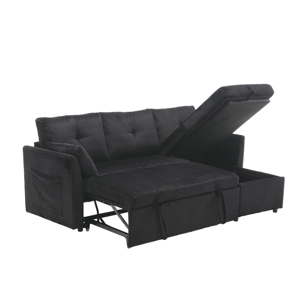 Divano letto modulare con contenitore sedute con tasche laterali e cuscini in tessuto a coste nero 206 × 108 × 66 cm