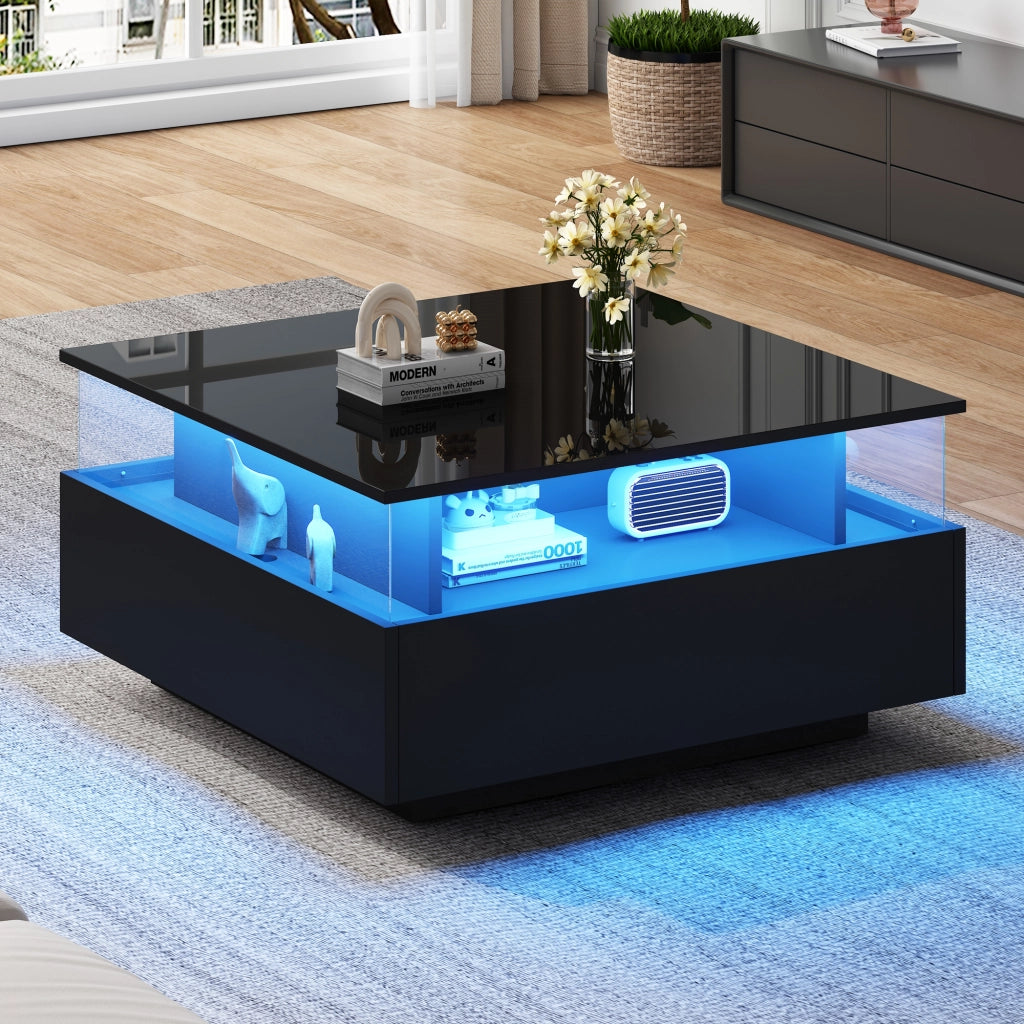 Tavolino da caffè 70x70x41 cm; LED regolabile via app con 2 cassetti; pannello lucido; truciolato nero