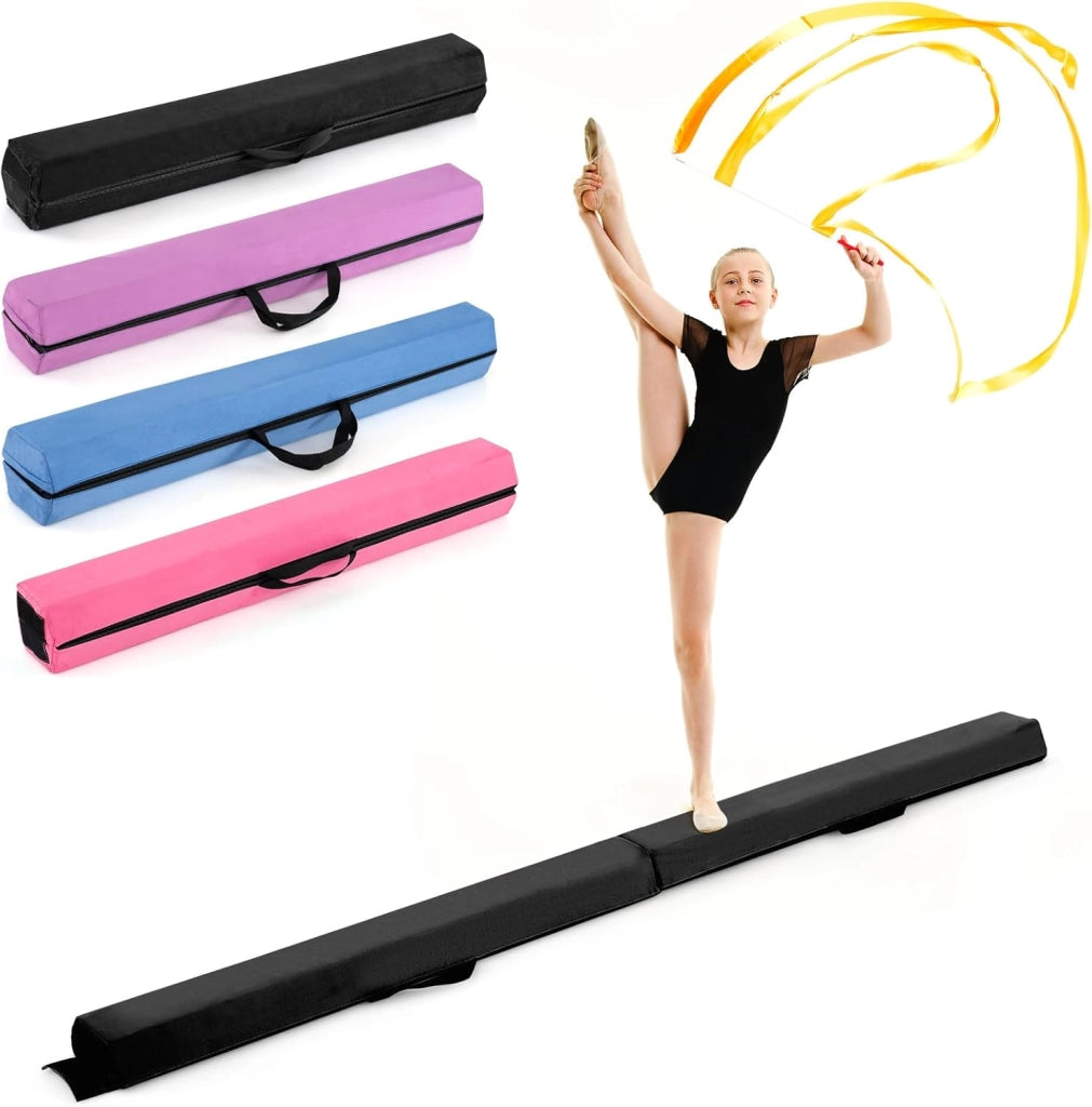 Trave Ginnastica per Bambini per Casa 210 cm, Trave di Equilibrio Pieghevole e Portatile con Manici, Copertura in Suede Rimovibile e Fondo Antiscivolo