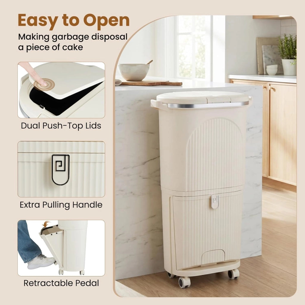 Bidone per Spazzatura Interno 38 L, Pattumiera da Cucina Differenziata a 3 Scomparti con Ruote e Maniglie, Secchio dei Rifiuti in PP on Coperchi a Pressione e Pedale (Beige)