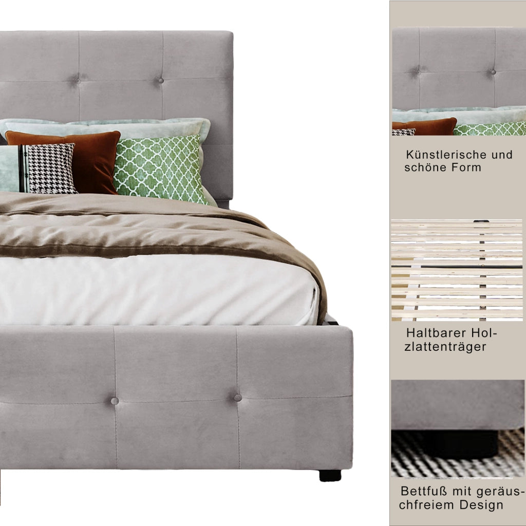 OKWISH Letto con Cassetti 140×200 cm, Letto Matrimoniale con 4 Cassetti, Testiera Imbottita e Doghe, senza Materasso, Grigio