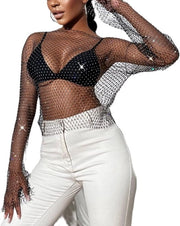 Top a Manica Lunga Donna Sexy con Tessuto a Maglia Pailletten Glitter Nero.