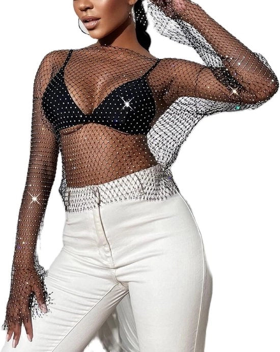 Top a Manica Lunga Donna Sexy con Tessuto a Maglia Pailletten Glitter Nero.