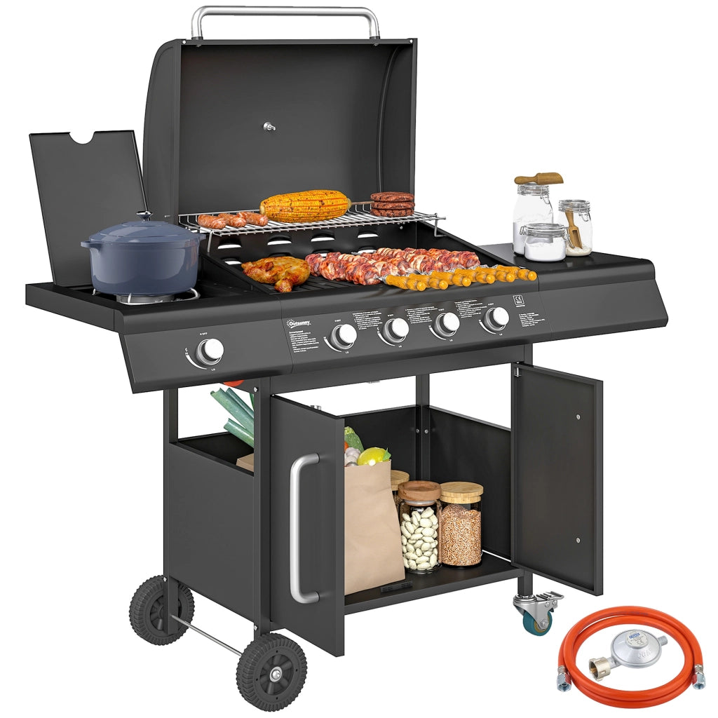 Barbecue a Gas con Fornello Laterale, Tavolino e Armadietto ¨C zephmum ¨C Acciaio e PP, Nero, 129.5x56x110 cm