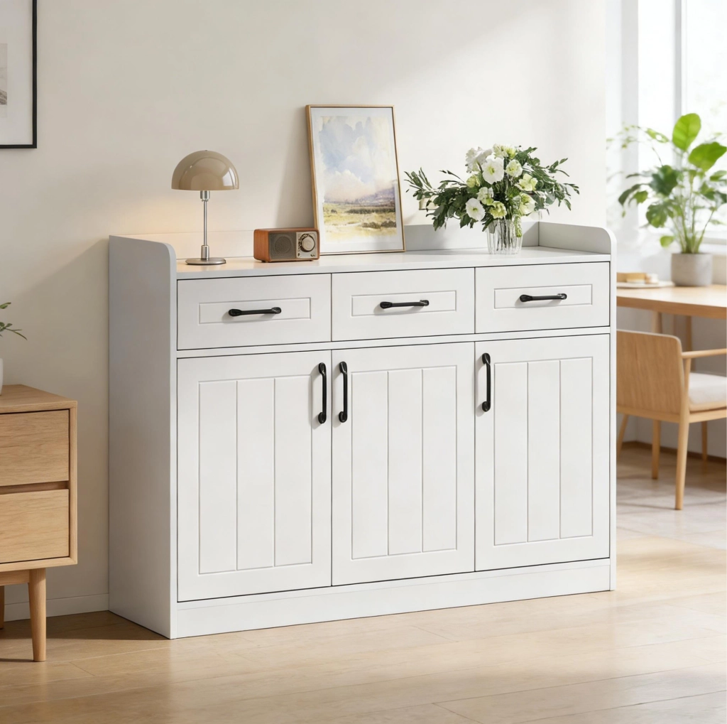 Sideboard bianco 120x35x80 cm con 3 ante e 3 cassetti