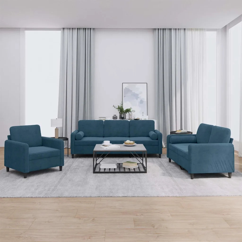 Set di Divani 3 pz con Cuscini Blu in Vellutocod mxl 128153
