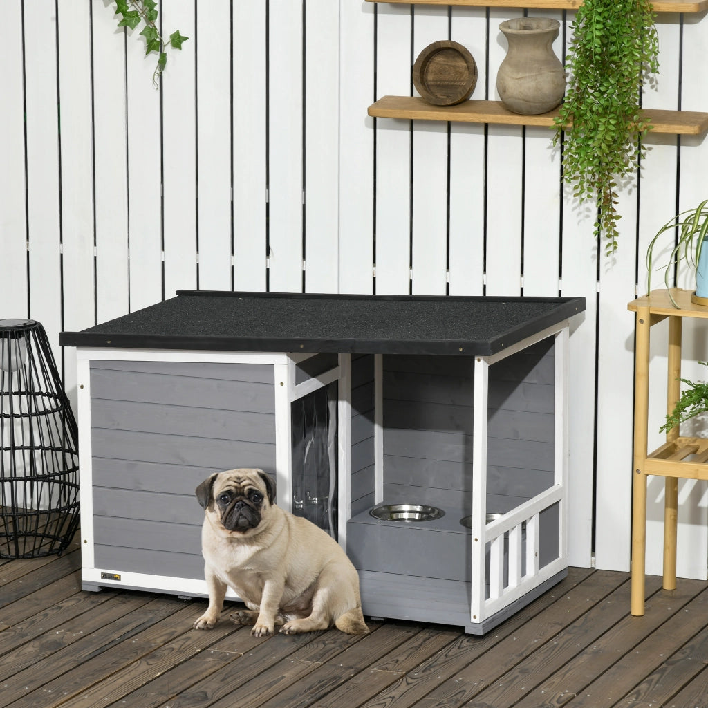Cuccia per cani da esterno con veranda coperta, ciotole integrate, tetto in asfalto e piedini regolabili, 103x62x60/66 cm, Nero