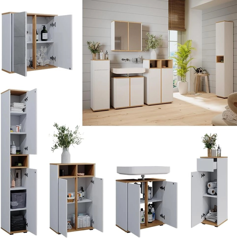 Set mobili bagno Didi, Bianco/Artisan, 60 cm, composto da set con armadietto a specchio, base lavabo, 2 pensili medi e colonna