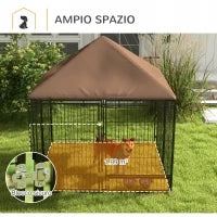 Recinto per Cani in Metallo e Tessuto Oxford con Porticina per Ciotole, 141x141x151 cm, Nero e Marrone