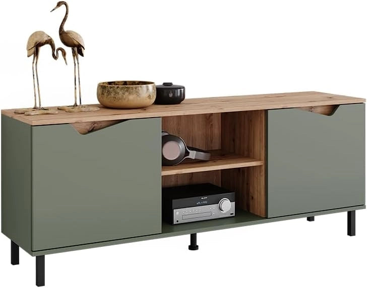 Mobile tv Marelle, Verde/Artigianale, 150 x 60 cm con 2 porte, adatto all'uso come mobile TV o mobile multimediale