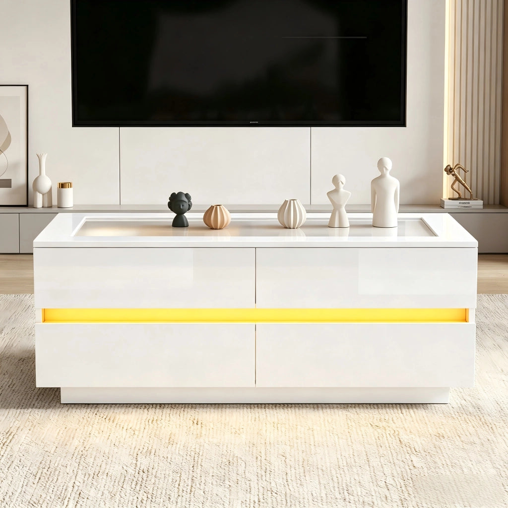 Tavolino da Salotto Bianco Moderno 100x50x40cm con 4 Cassetti e Luci LED