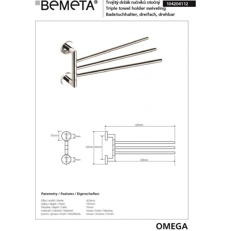 Portasciugamani OMEGA Triplo Rotante Ottone Cromato 42x19,5x7cm