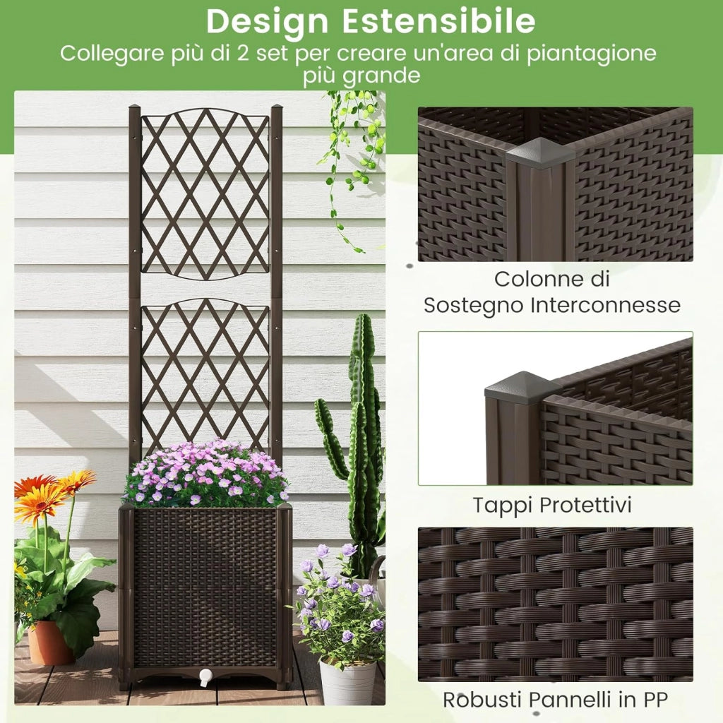 Letto da Giardino Elevato con Trellis a Lattice, Fioriera Autoinnaffiata per Piante Rampicanti, Fiori e Verdure, Fioriera Verticale da Interni e Esterni (Marrone,40 x 40 x 140 cm)