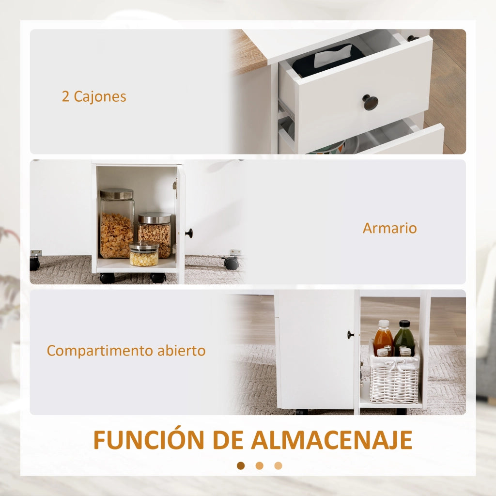 Tavolo Pieghevole da Pranzo Allungabile con 2 Cassetti e Armadio ¨C Zephmum ¨C Bianco e Naturale 120x60x76,5 cm