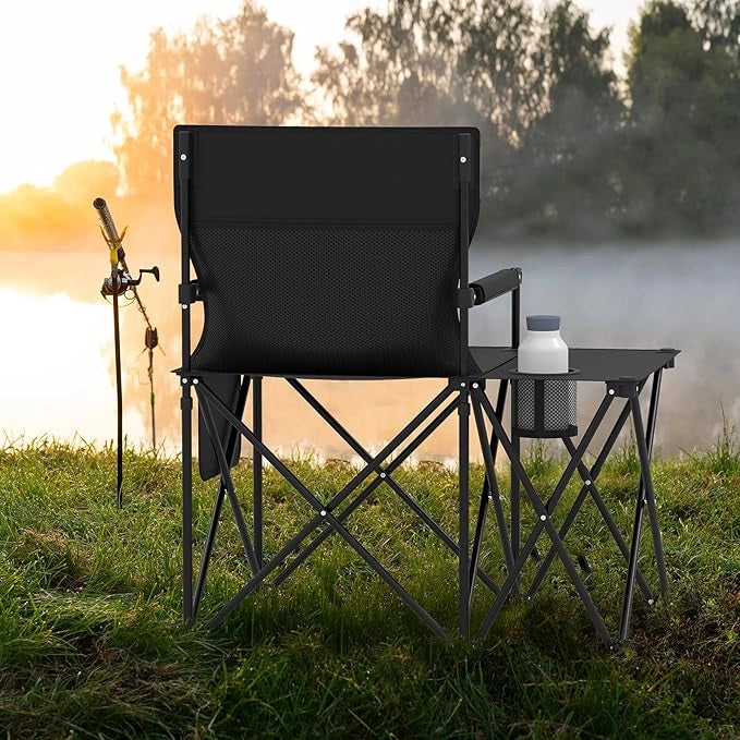 Set di 2 Sedia da Campeggio con Tavolino Laterale, Sedia da Picnic Pieghevole con 2 Tasche, Portabicchieri, Braccioli Imbottiti, Borsa da Trasporto, Portata 150 kg (Nero)