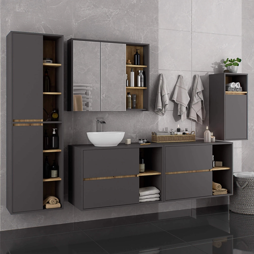 Mobile bagno senza lavabo VAMI sospeso Grigio Grafite, Rovere Artisan 90 cm 2 cassetti 90x45,5x60 cm
