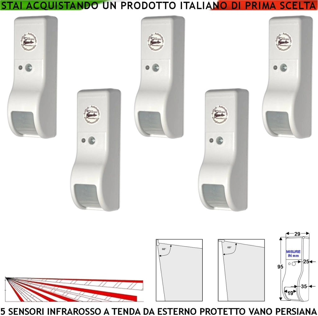 Sensore di Movimento Infrarosso Tenda Esterno 5 Pezzi Vano Persiana Dual Pir Rileva Estranei Invia Allarme Portata 8 MT 60° Vert. 7° Oriz. Alimentazione 12 V Assorbimento 10 mA Cover Bianco ABS IP31