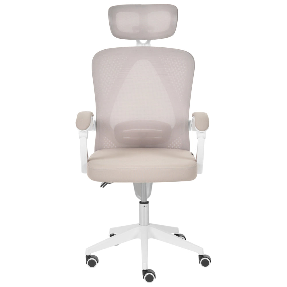 Sedia da ufficio beige in rete, base girevole, altezza regolabile, braccioli, poggiatesta, per ufficio domestico, moderna