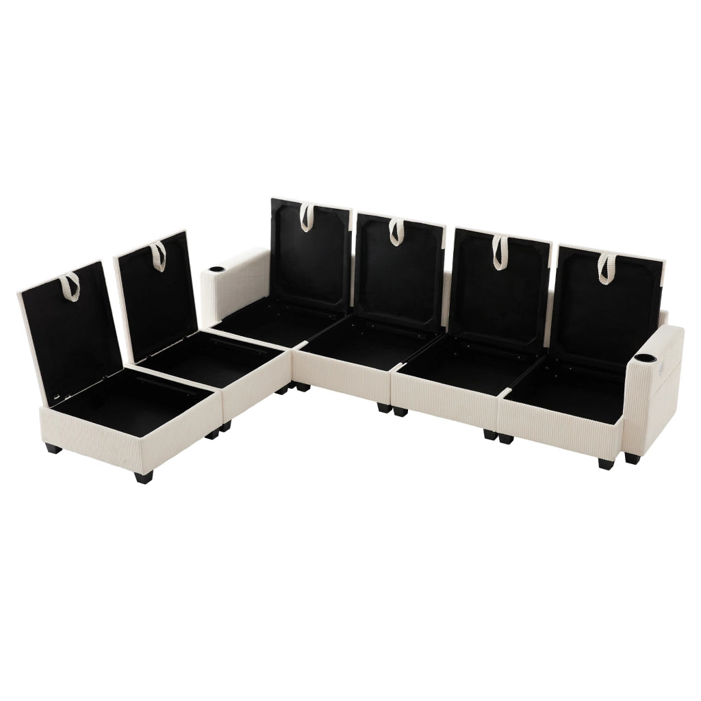 Divano modulare angolare 5 a 6 posti con contenitore, porte USB, portabicchieri e cuscini, in velluto a coste, Beige