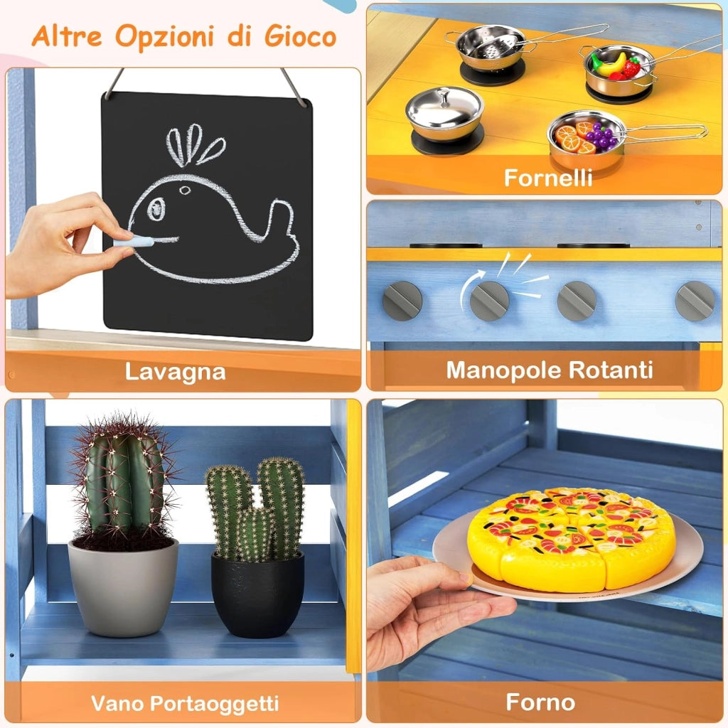 Cucina Giocattolo per Giardino con Tavolo e Panchina da Picnic, Cucina per Bambini in Legno di Abete con Fornelli, Lavandino, Lavagna e Forno, con 17 Accessori, 150 x 71 x 98 cm (Blu)