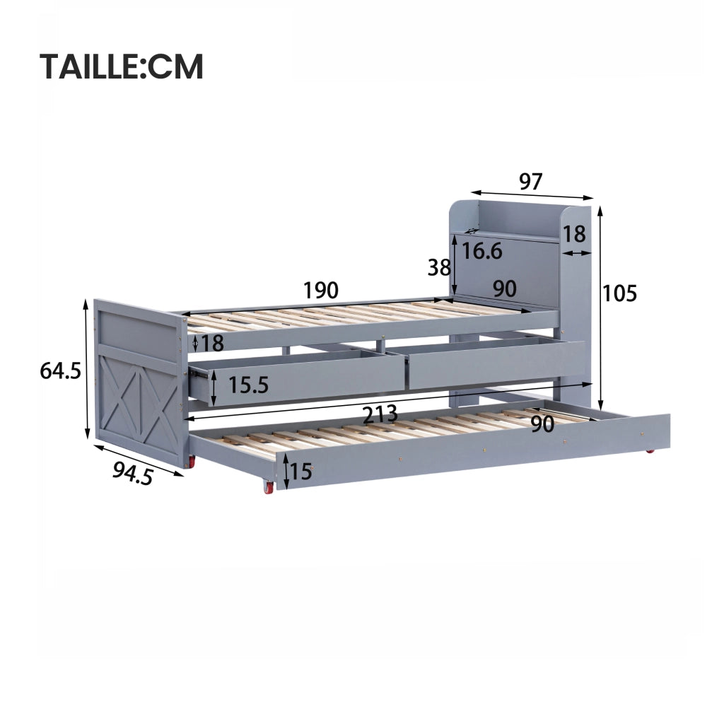 OKWISH Letto estraibile 90×190 cm, Letto Singolo con 2 Cassetti, USB e Comodino con Ripiano, senza Materasso, in Legno Massello, Grigio