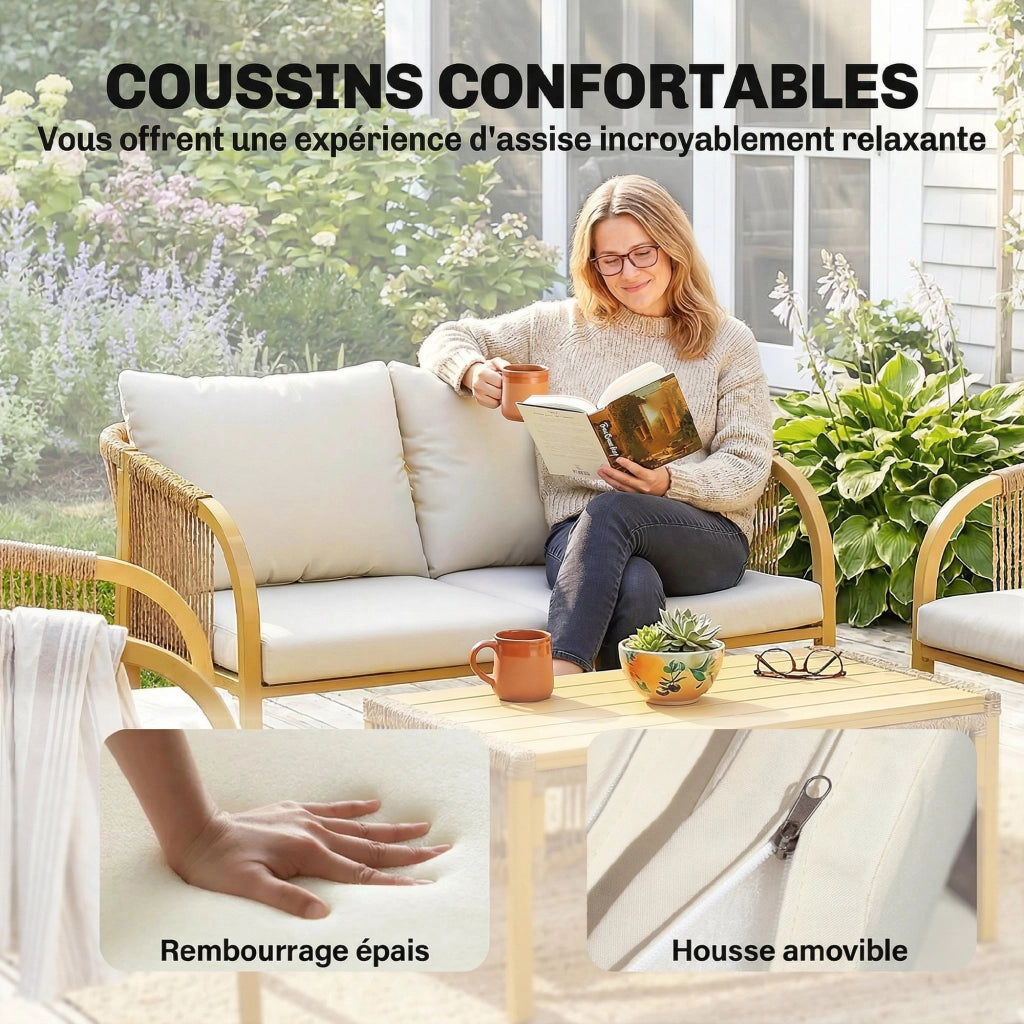 Set da Giardino 4 Pezzi con Divano 2 Poltrone Tavolino Cuscini ¨C zephmum ¨C Resina Intrecciata Grigio Verde 120x72x73cm