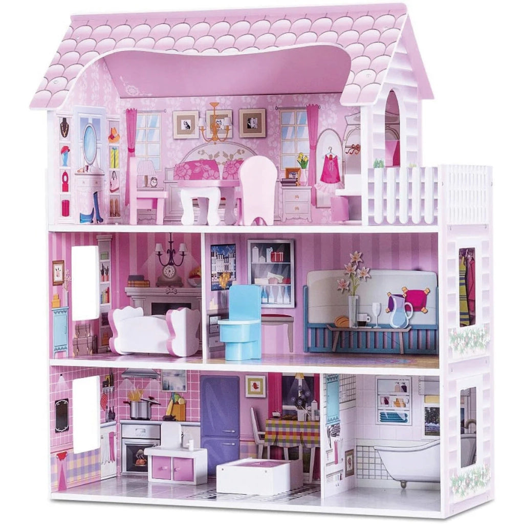Casa delle bambole a 3 piani 61 x 26,5 x 71 cm giocattoli educativi decorativi in ​​MDF rosa 20_0017779