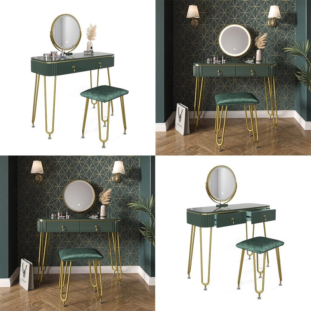 Vicco Tavolo da toeletta Grace, Verde scuro lucido, 100 cm con illuminazione LED e sgabello, con illuminazione LED e sgabello come seduta