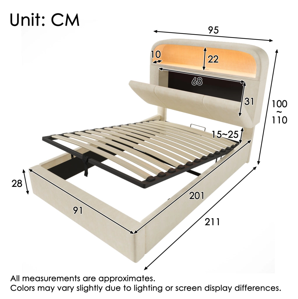 Letto imbottito 90x200 cm con contenitore idraulico; LED e ricarica USB/Type-C; velluto beige