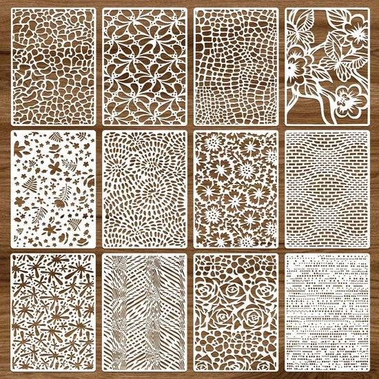 Set di stencil 12 pezzi - Disegni geometrici - Reutilizzabile - Plastica - Attività di ricreazione - Decorazione - 21 x 15 cm - Stencil per pittura