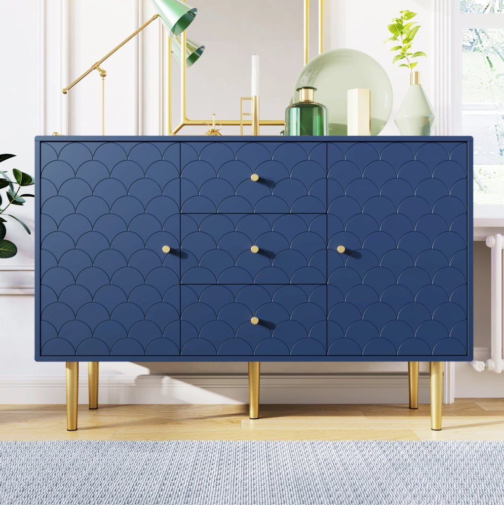 Credenza 120x40x83 cm con 2 ante; 3 cassetti e ripiano regolabile in legno e metallo blu navy