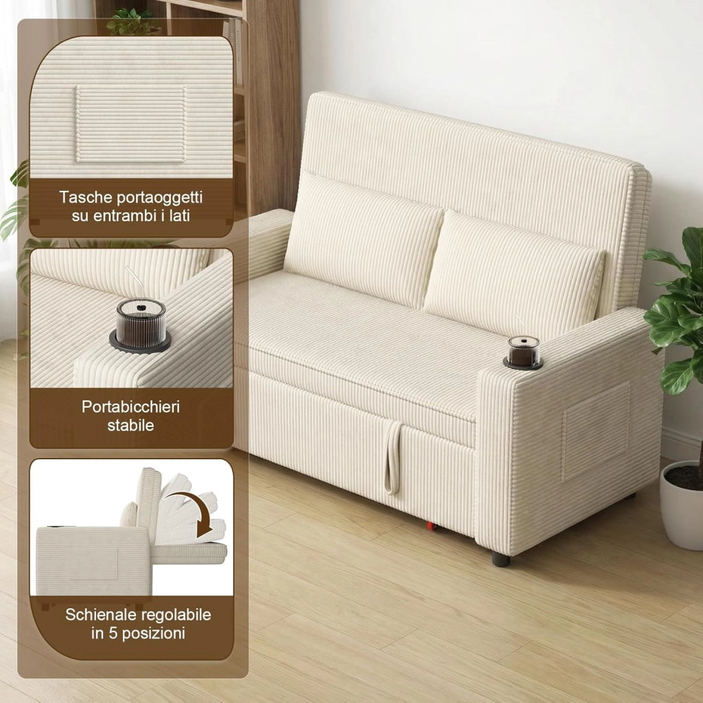 Divano Letto 2 Posti in Velluto Divano Matrimoniale Prontoletto Estraibile con Schienale Regolabile in 5 Posizioni per Soggiorno, Camera da Letto o Ufficio, 69P x 141L x 88H cm, Beige