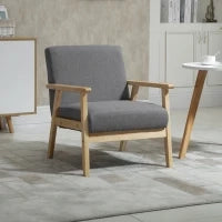 Poltrona in Stile Scandinavo, Legno Massello, Finitura in Lino, 64 cm x 70 cm x 72 cm, Grigio e Naturale