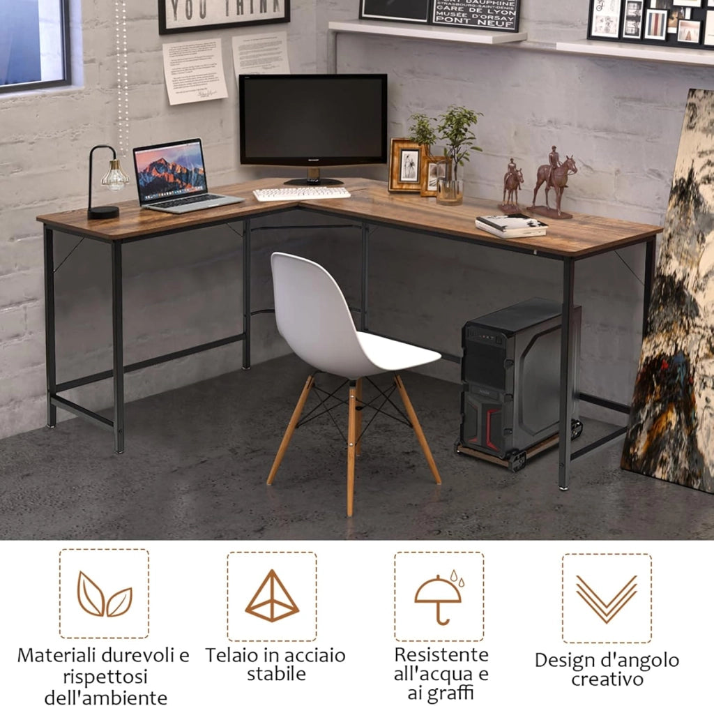 Scrivania Angolare Salvaspazio, Scrivania Porta PC a Forma di L con Porta CPU, Scrivania ad Angolo in Legno e Ferro per Studio e Ufficio, Portata 100 kg, 168 x 125 x 74 cm (Caffè)