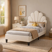 Letto imbottito 90x200 cm in velluto beige con testiera floreale e rete a doghe