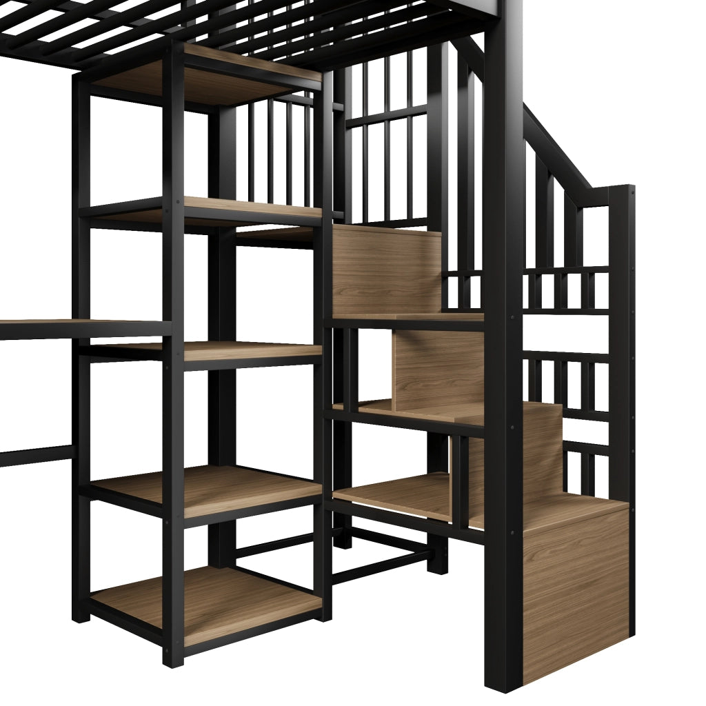 DESMIU Letto a Soppalco 1 Posto con Scrivania, Scala Contenitore, USB e LED 90 × 200 cm, Senza Materasso, Nero
