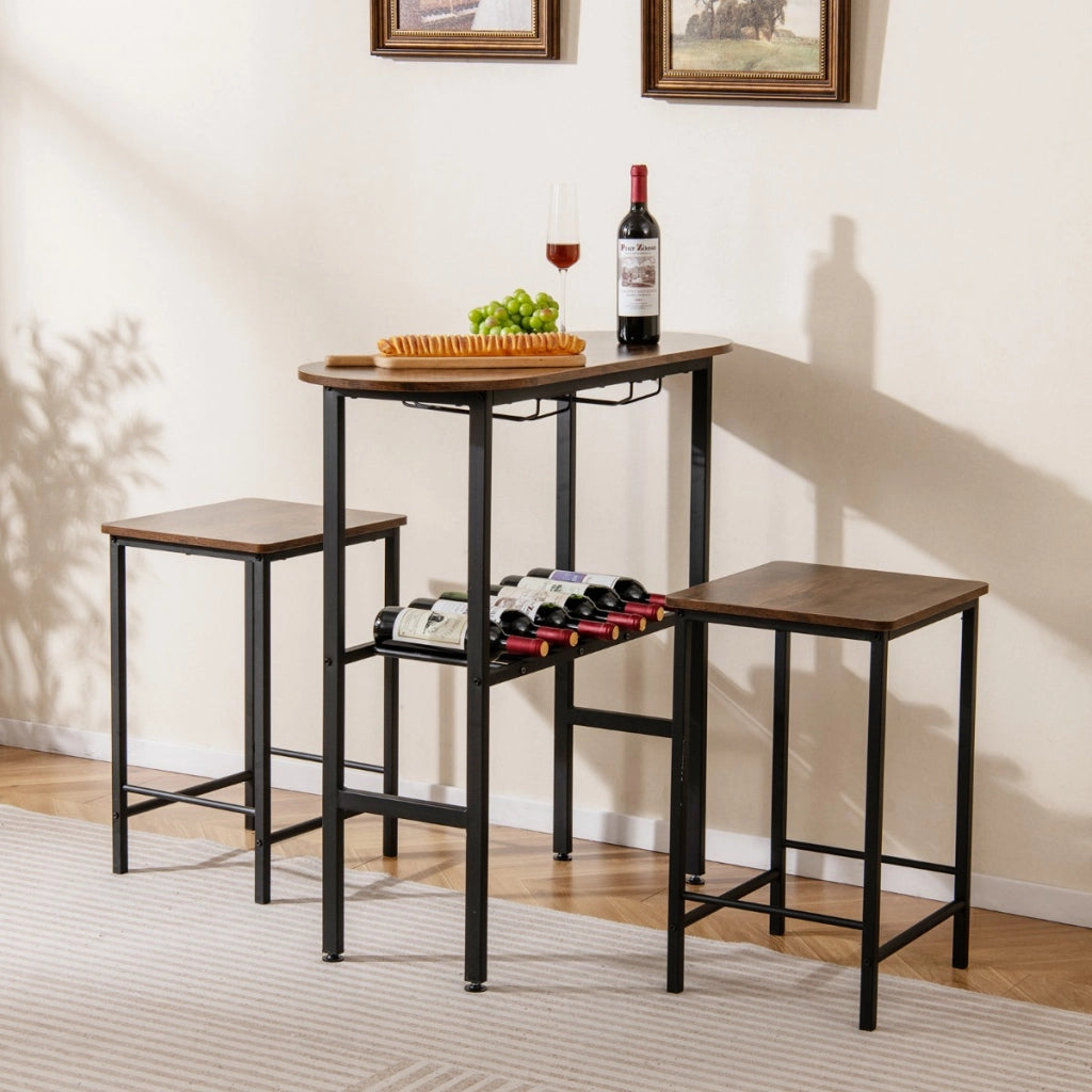 Tavolo da pranzo ovale e 2 sgabelli con portabottiglie arredamento per cucina, Set da tavolo alto a 3 pezzi portabicchieri da vino Marrone