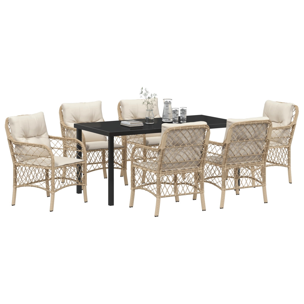 Set Da Pranzo Da Giardino 7 Pezzi Con Cuscini Beige Polyrattan