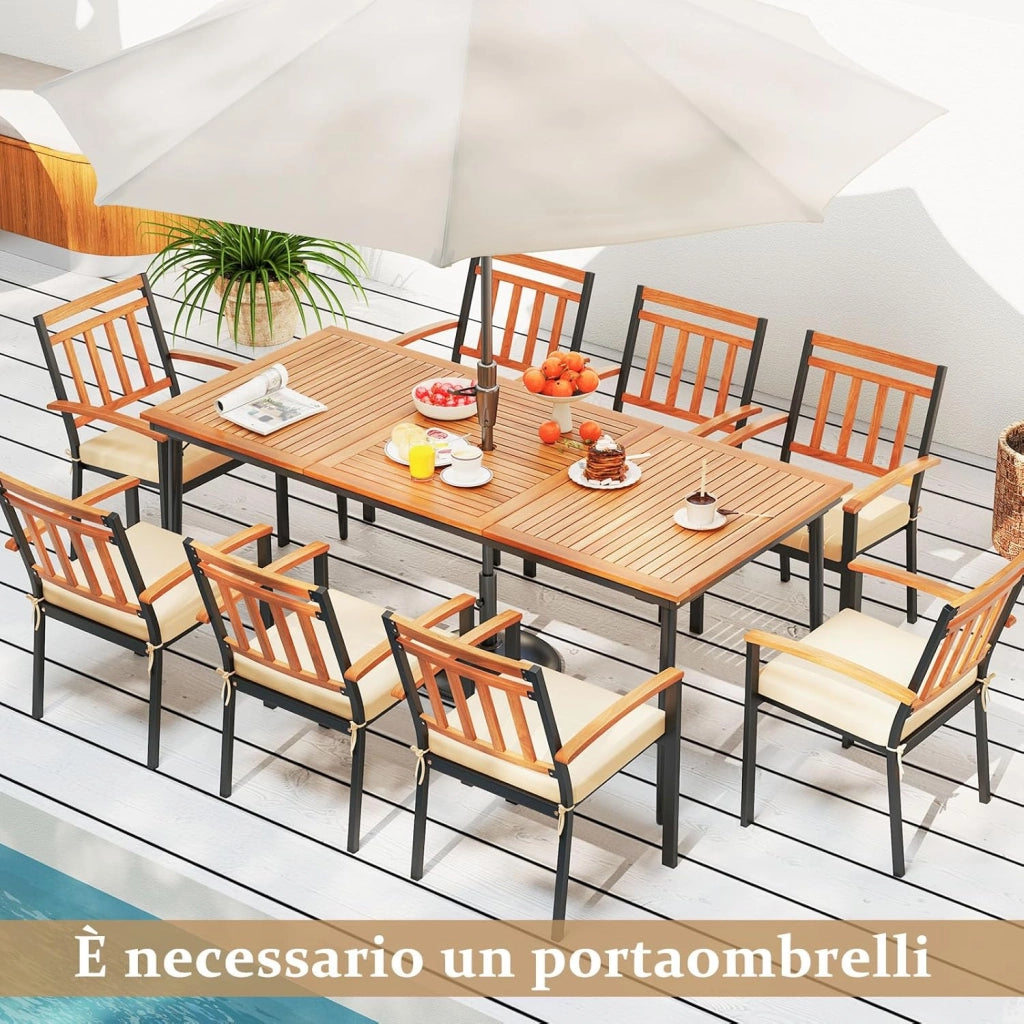 Tavolo da Pranzo a 8 Posti, Tavolo da Giardino 200 cm in Legno di Acacia, con Foro per Ombrellone da 5 cm, Gambe in Metallo, per Giardino, Cortile, Portata 75 kg (Modello 5)
