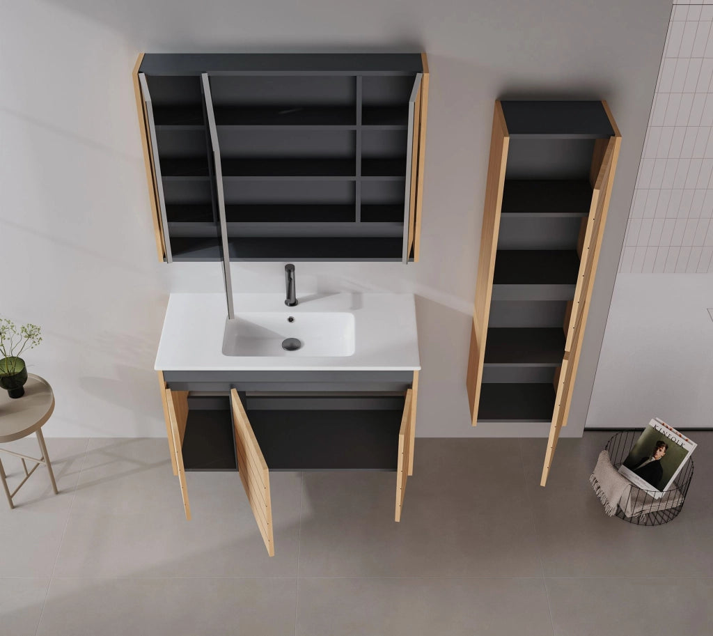 Set mobile lavabo con specchio (2 pezzi) "Ricato 100" -  cm - Rovere