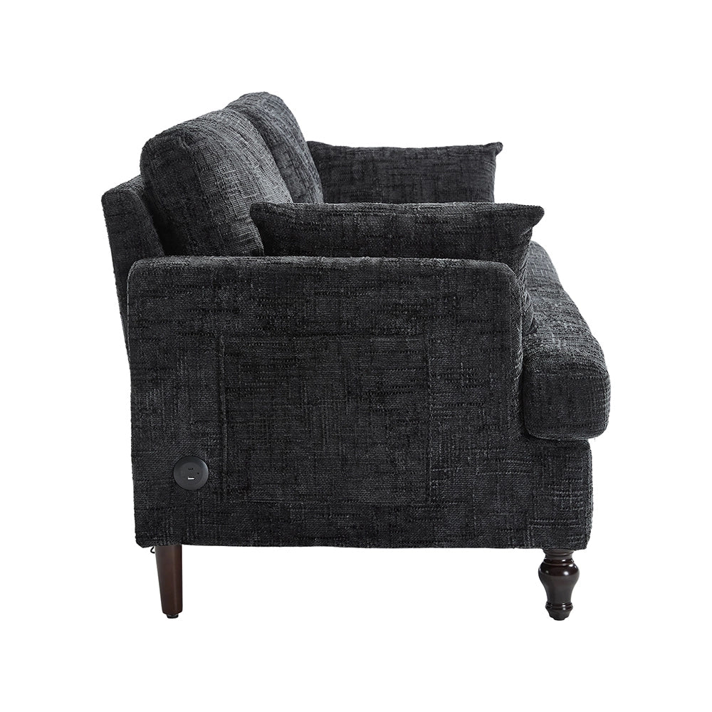 Divano moderno - Xylo - 2 posti in chenille con piedi legno, LED, USB e vano portaoggetti