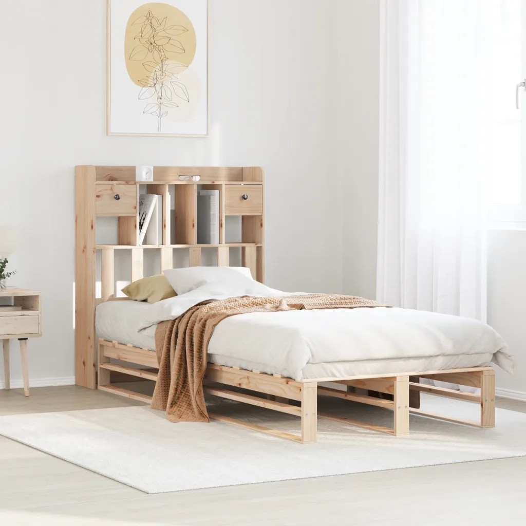 Letto Libreria senza Materasso-Struttura Letto con contenitore 90x200 cm Legno Massello Pino 101037