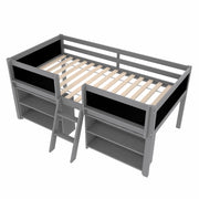 Letto a soppalco singolo 90×200 cm con ripiani; scala e barriera di sicurezza; senza materasso; pino; grigio