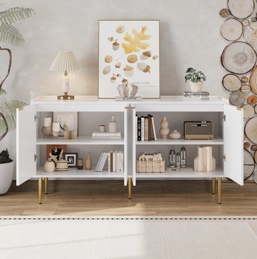 Credenza moderna bianca 140 cm con 4 ante e gambe dorate