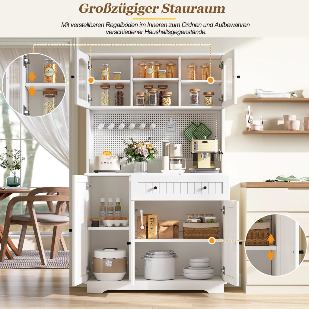 Credenza alta con vetrina e ripiani regolabili per cucina in truciolare bianco 103,5 × 40 × 180 cm