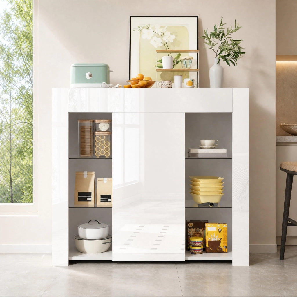 CREDENZA Bianca 95x35x83 cm con Ripiani in Vetro e anta